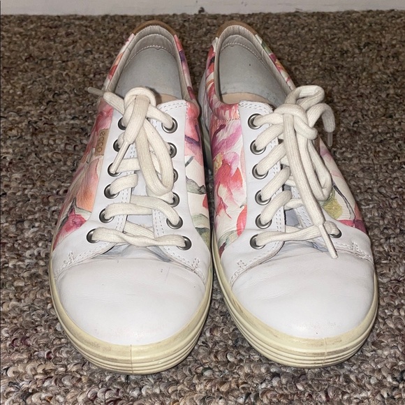 Womens Ecco Soft Pink Floral Leather Lace Up Sneakers - Picture 1 of 10